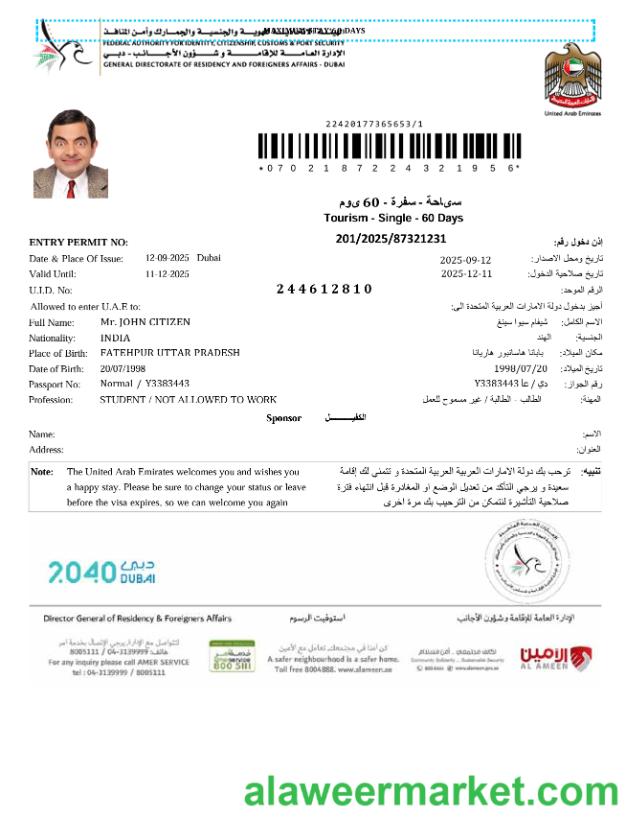 UAE e-visa template in Word and PDF formats, version 3